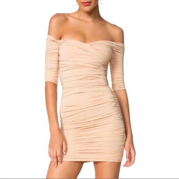 superdown Dresses & Skirts - Superdown Carlyn Off-Shoulder Ruched Tan Mini Dress